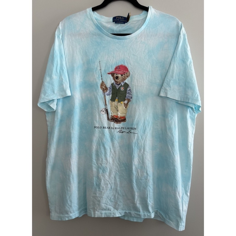 Polo Ralph Lauren Slim Fit Fishing Bear Tie-Dye Blue T-Shirt Men's Size XXL